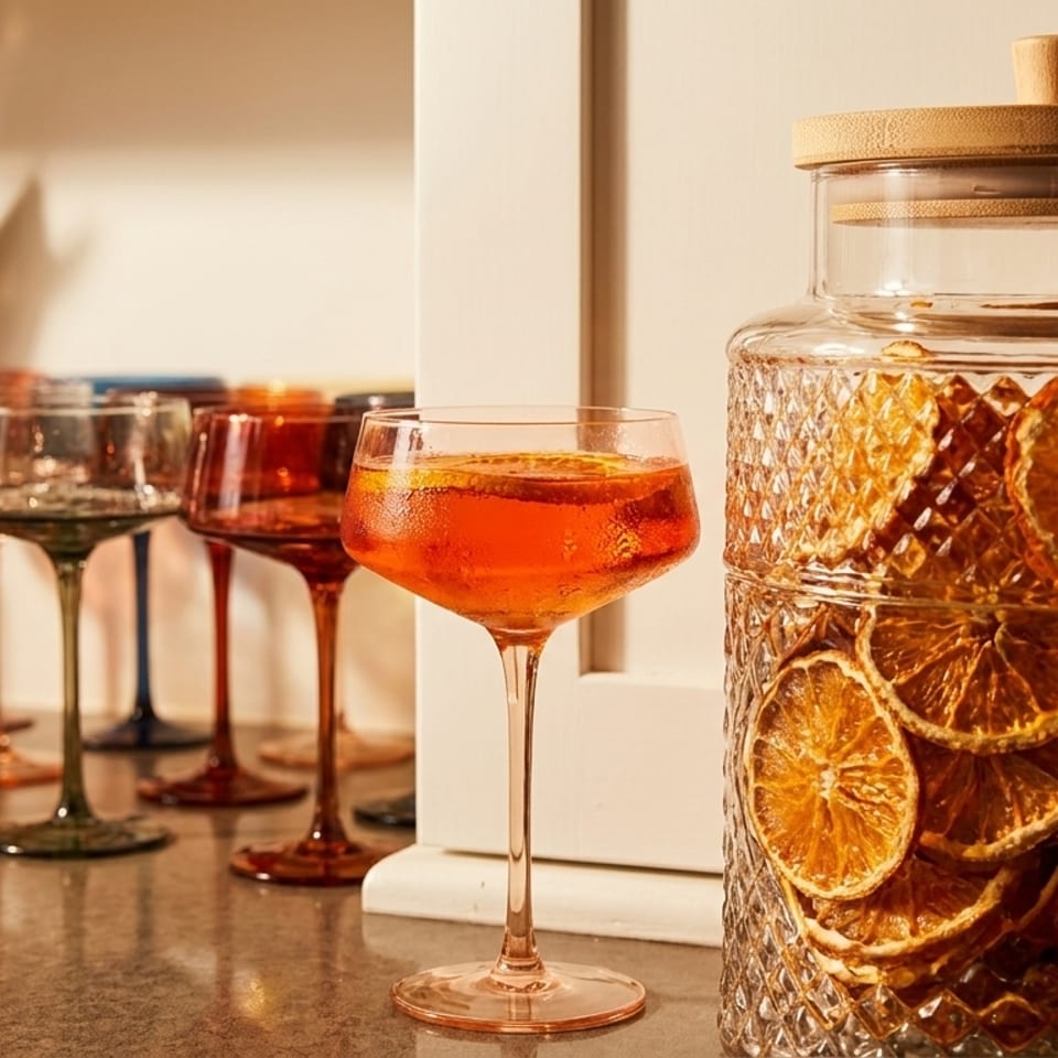 A vibrant orange cocktail in a coupe glass, with a jar of dried orange slices and colorful glasses behind it.