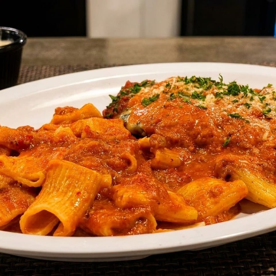 A white plate holds rigatoni pasta with red sauce and a side of chicken parmesan.