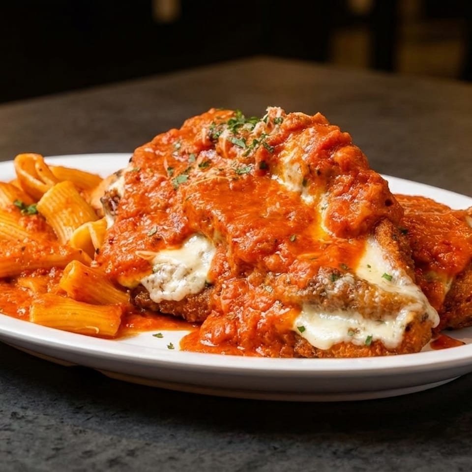 Chicken parmesan with rigatoni pasta and red sauce on a white plate.