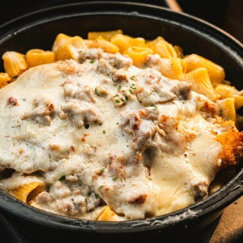 Close-up of a black bowl filled with pasta, melted cheese, and sausage in a creamy sauce.