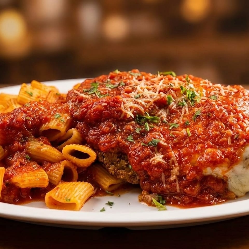 Chicken parmesan with rigatoni pasta, red sauce, melted cheese, and parsley on a white plate.
